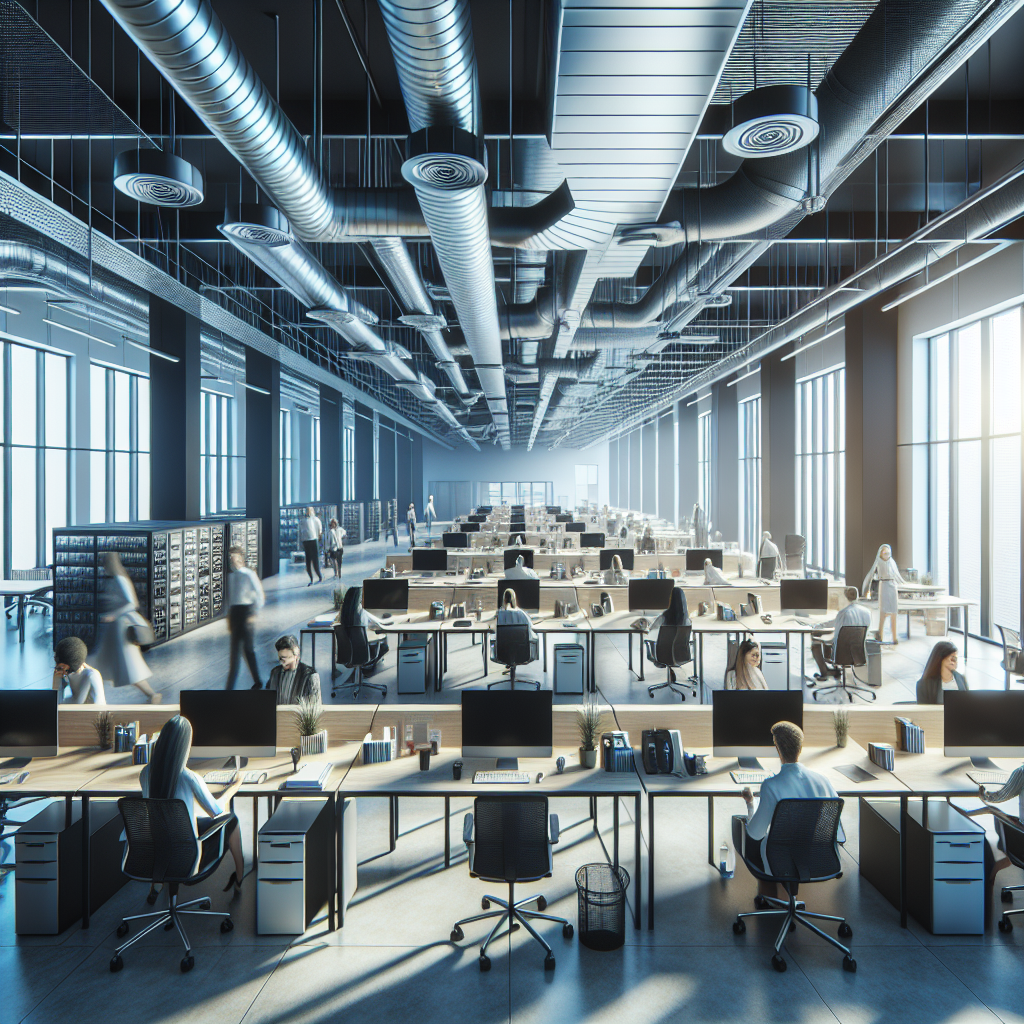 A realistic image of a modern commercial building interior in Port St. Lucie, FL, with visible HVAC systems and employees working.