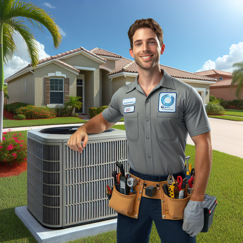 A friendly HVAC technician from Harmony Air LLC with an air conditioning unit in front of a house in Port St. Lucie, FL.