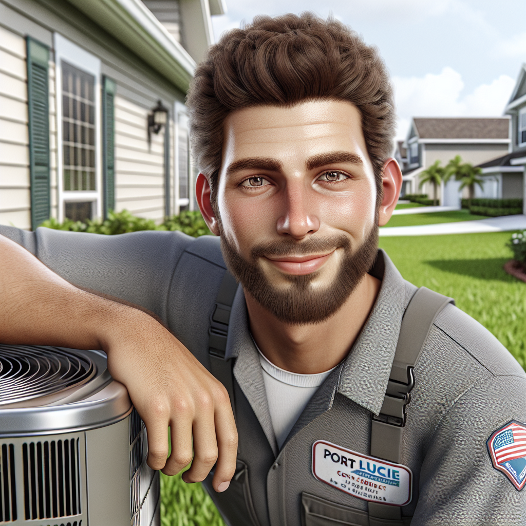 Friendly HVAC technician inspecting an air conditioning unit outside a suburban home in Port St. Lucie.