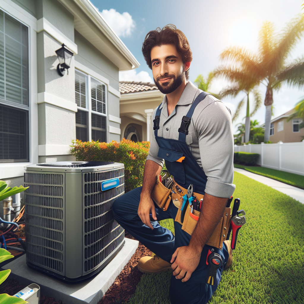 A professional HVAC technician working on an air conditioning unit outside a suburban house in Port St. Lucie, FL.