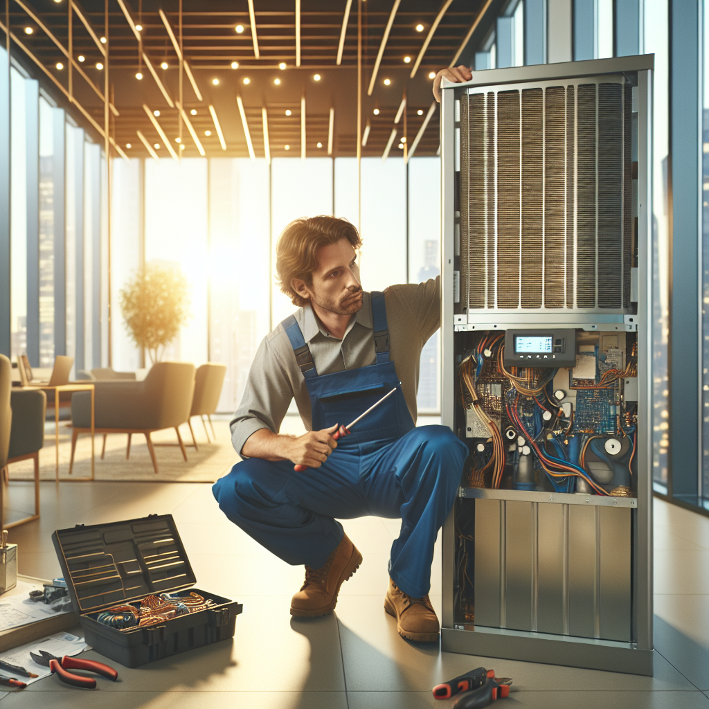 A commercial air conditioning contractor working on an HVAC system in a modern office building.