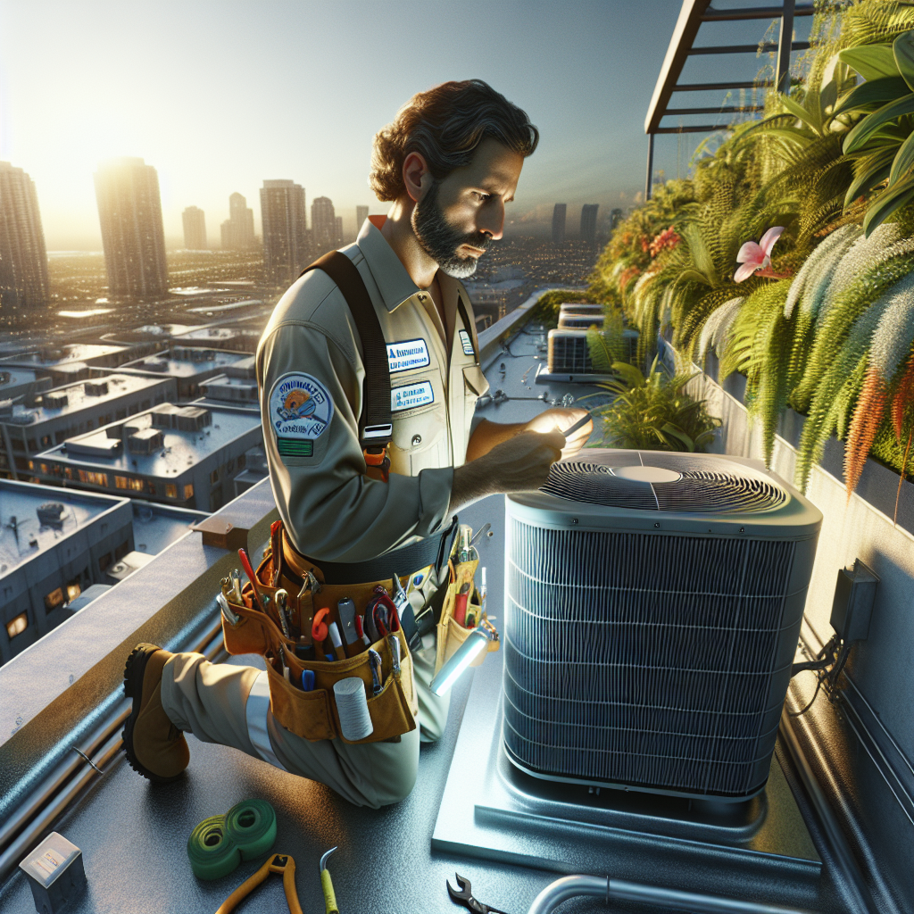 A commercial air conditioning contractor checking an HVAC unit on a rooftop in Port St. Lucie, FL.