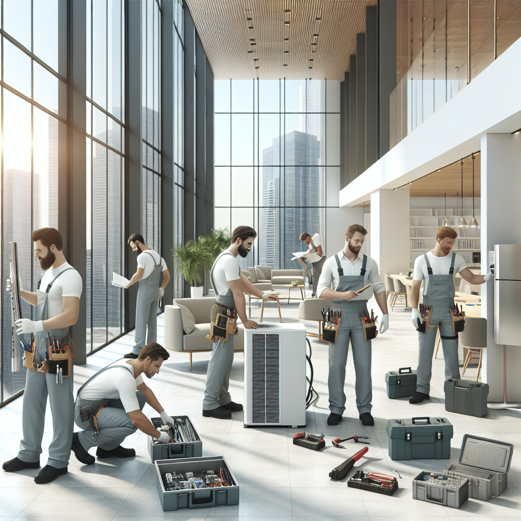 Technicians installing a large commercial AC unit in a modern office.