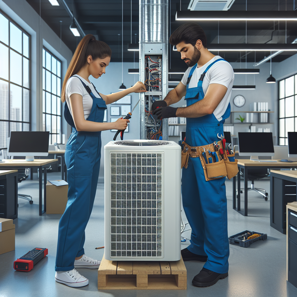 Technicians installing a commercial AC unit in a modern office building.