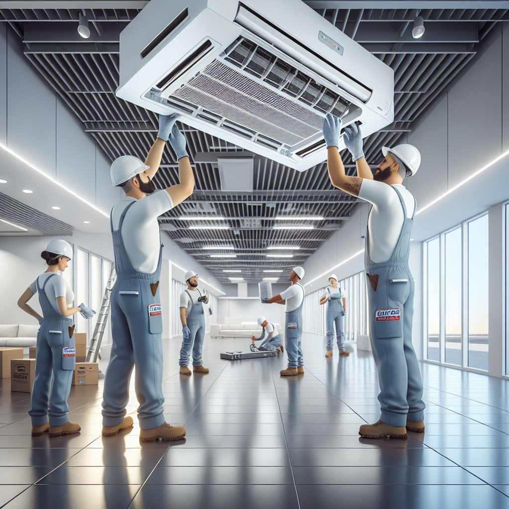 Technicians installing a commercial air conditioning unit in a modern office building.