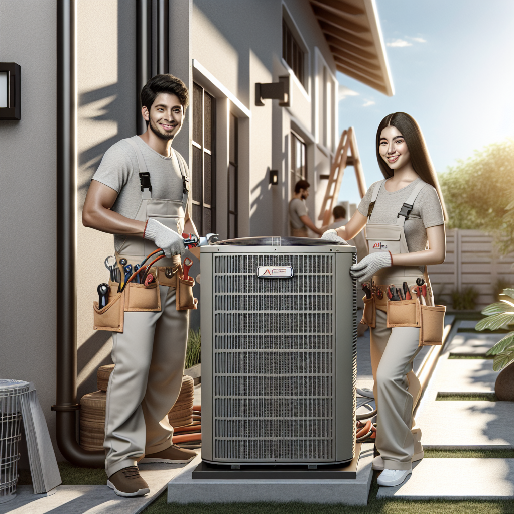 HVAC professionals installing a residential air conditioning unit outside a modern house on a sunny day.