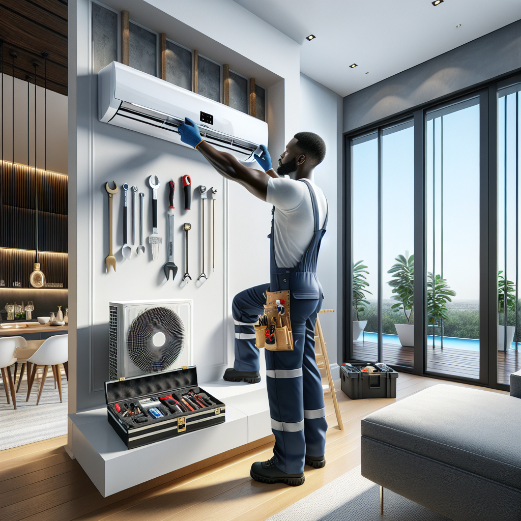 HVAC technician installing a modern air conditioning unit in a stylish home.