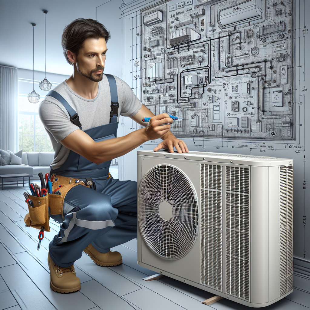 A professional HVAC technician installing a residential air conditioning unit in a modern home.