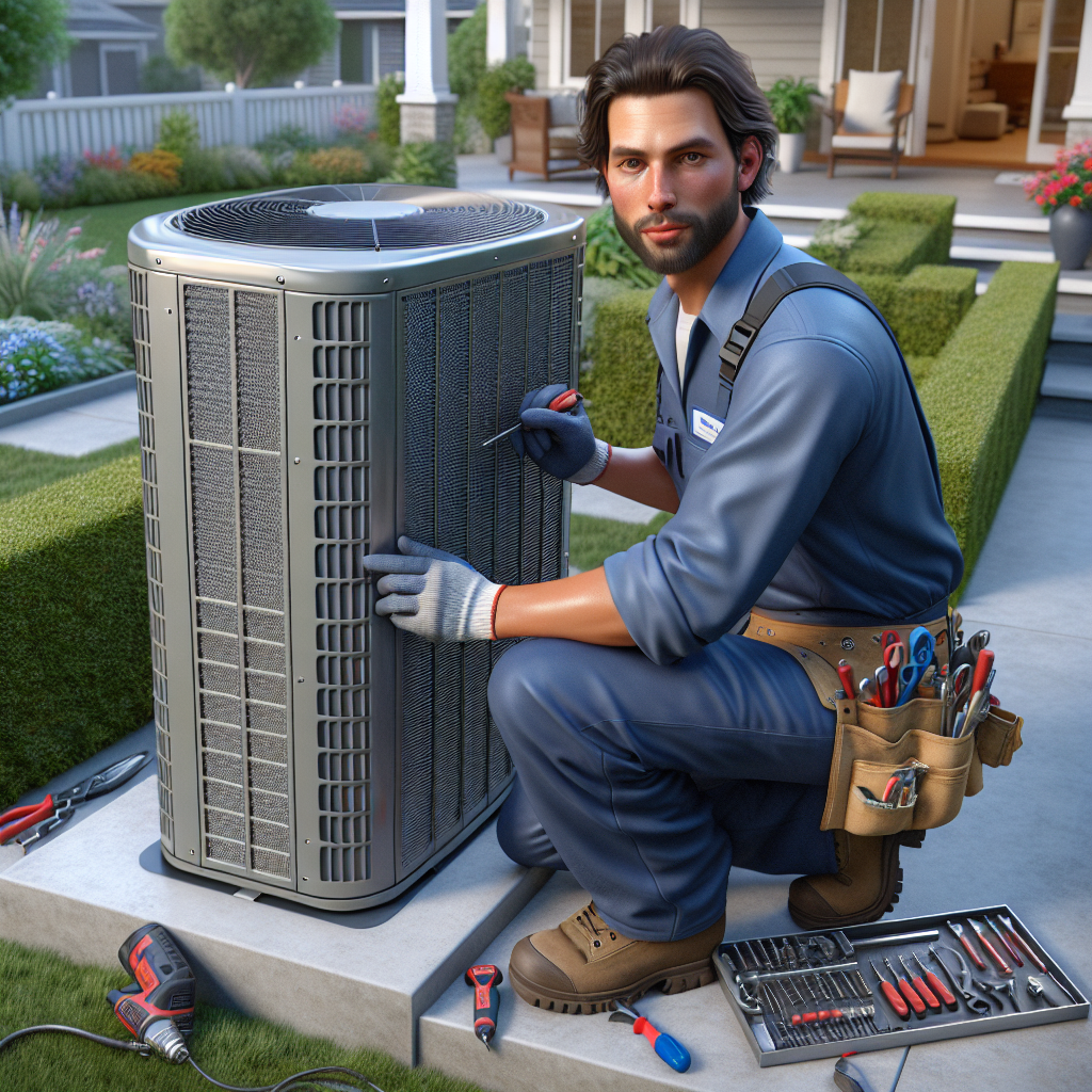 An HVAC technician repairing an outdoor air conditioning unit in a suburban neighborhood.