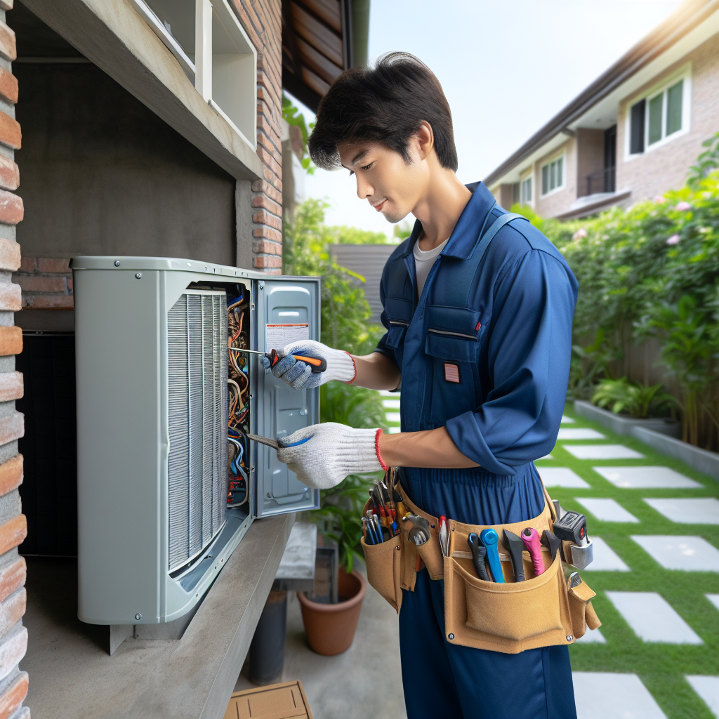 HVAC technician servicing an air conditioning unit outside a residential house.