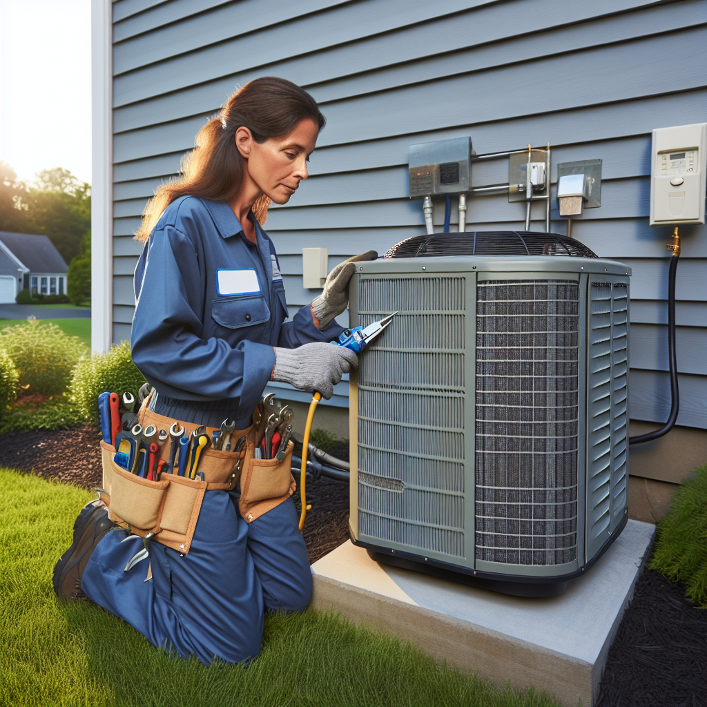 A HVAC technician in a blue uniform working on an air conditioning unit outside a house.