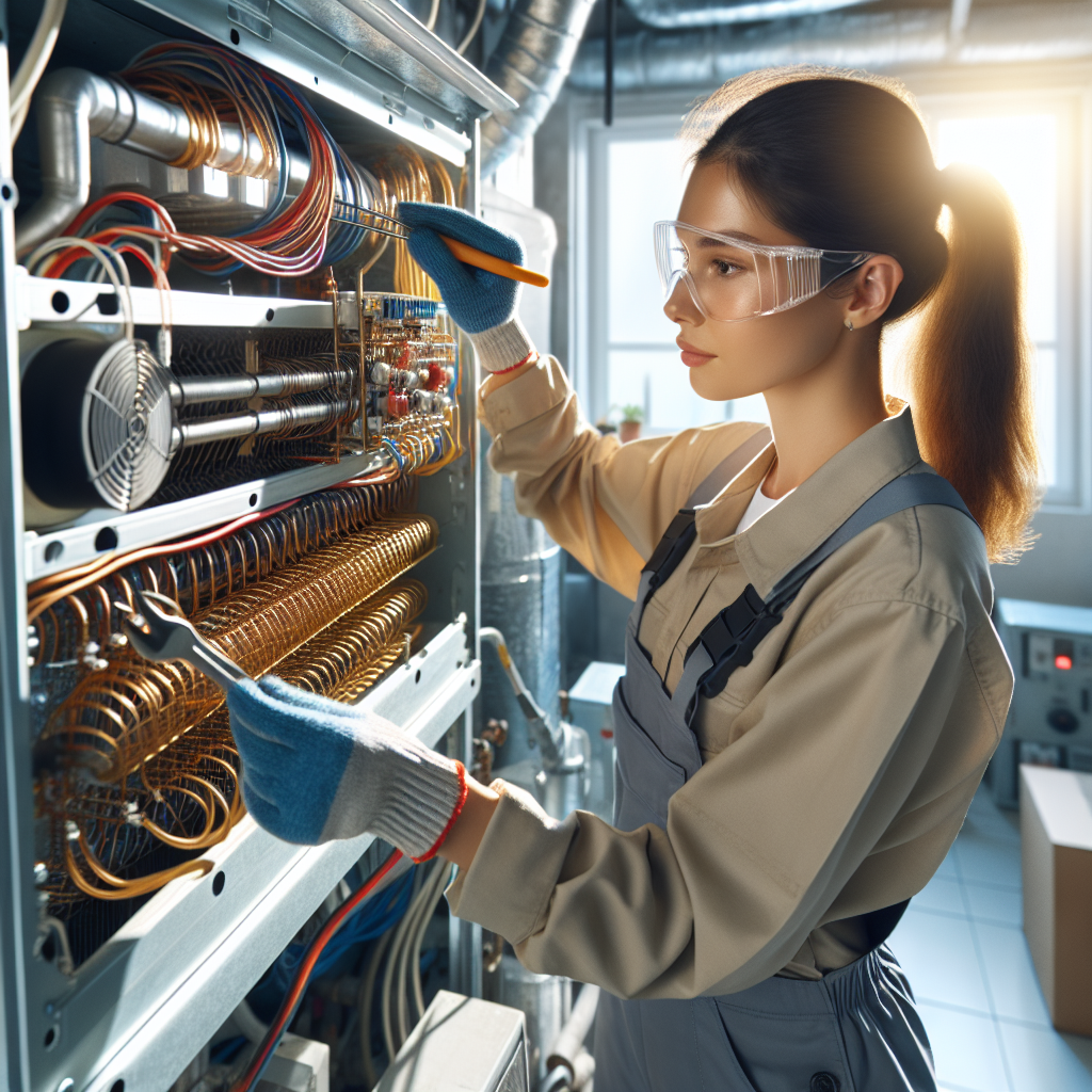 Technician performing HVAC maintenance on an air conditioning unit.