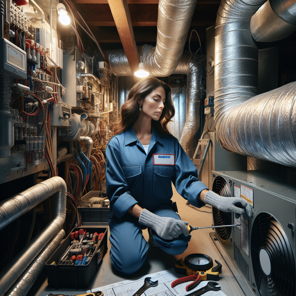 HVAC technician repairing an HVAC unit in a basement filled with equipment.