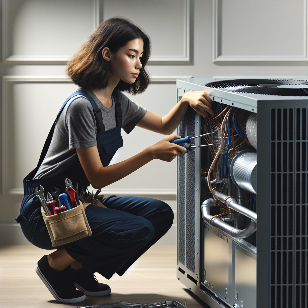 An HVAC technician working on a heating and cooling unit inside a modern home.