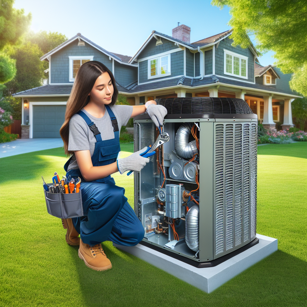 HVAC technician repairing a residential air conditioning unit.