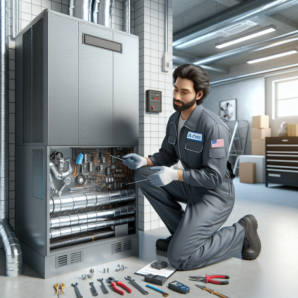 A technician in a uniform performing maintenance on an HVAC unit in a modern utility room.