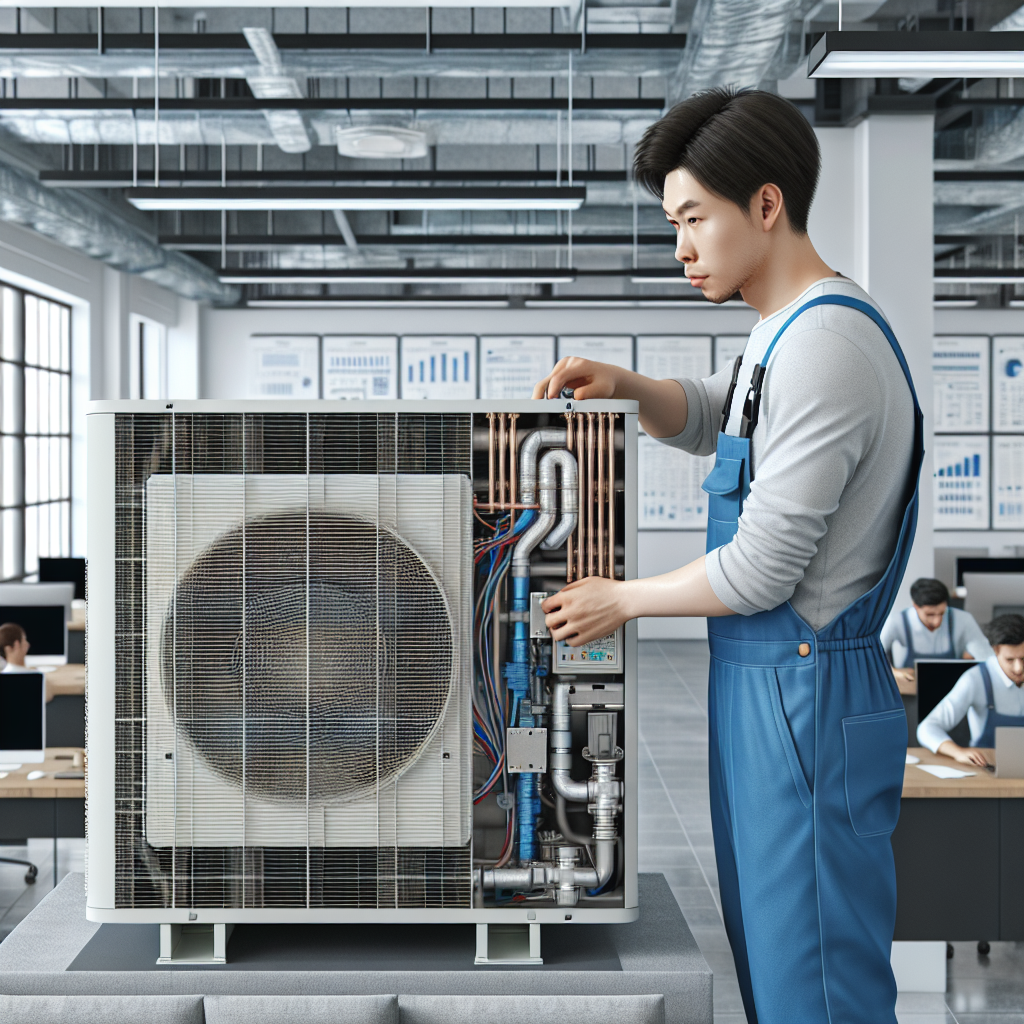 Technician servicing a large commercial air conditioning unit in a modern office.