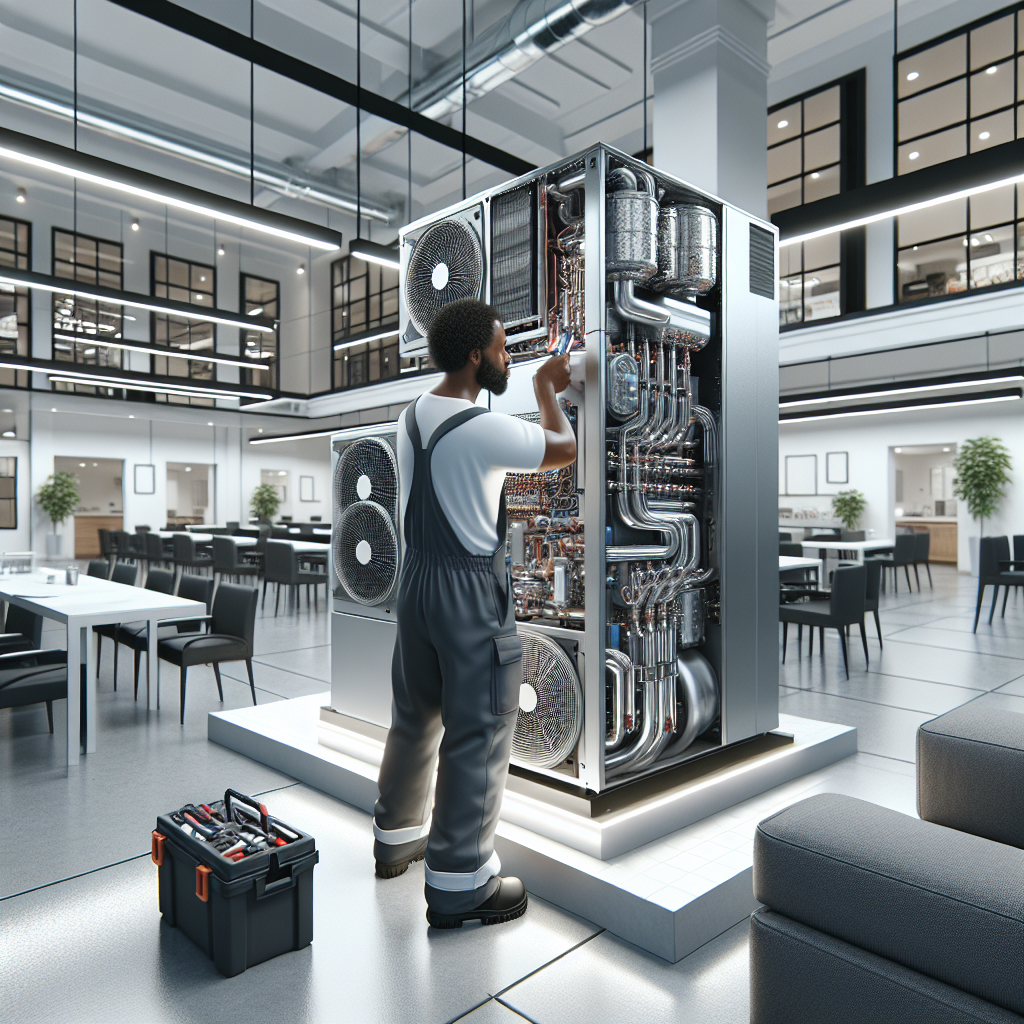 A technician servicing a commercial air conditioning unit inside a modern building.