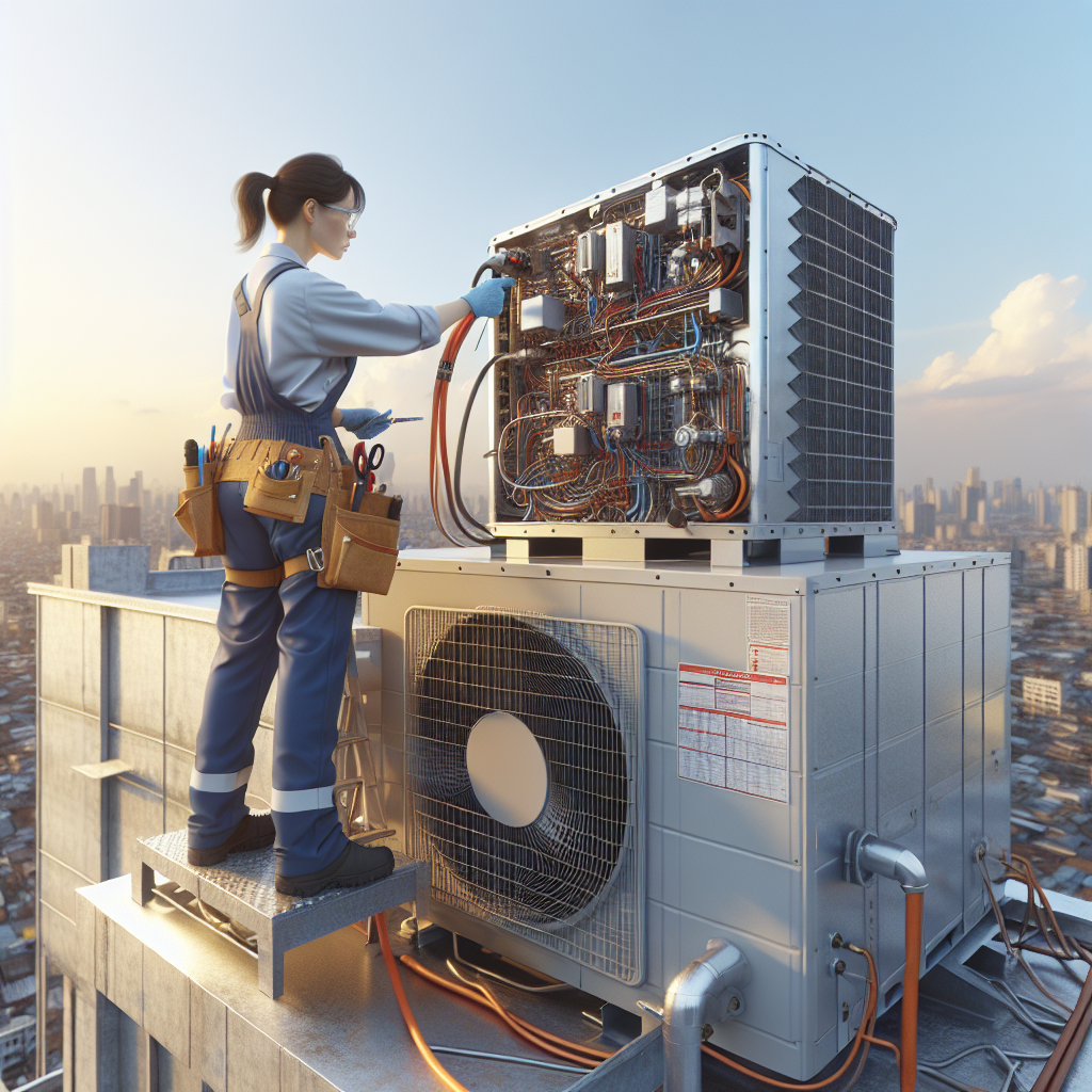 A technician servicing a large industrial air conditioning unit on a commercial building roof.