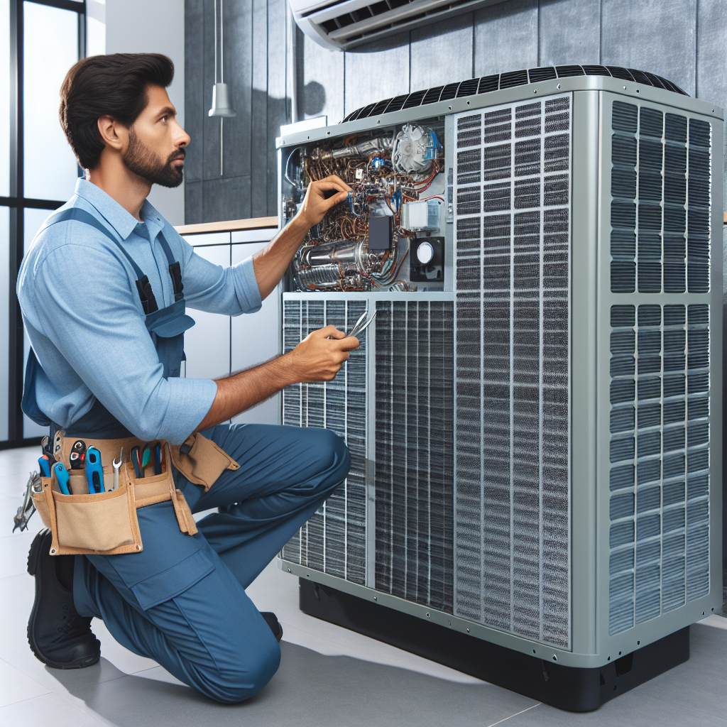 Technician servicing a large commercial air conditioning unit in a modern indoor setting.