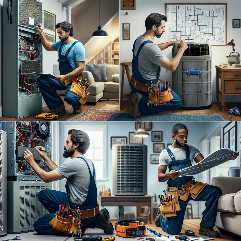 Technician performing HVAC maintenance tasks on different systems in a residential home.