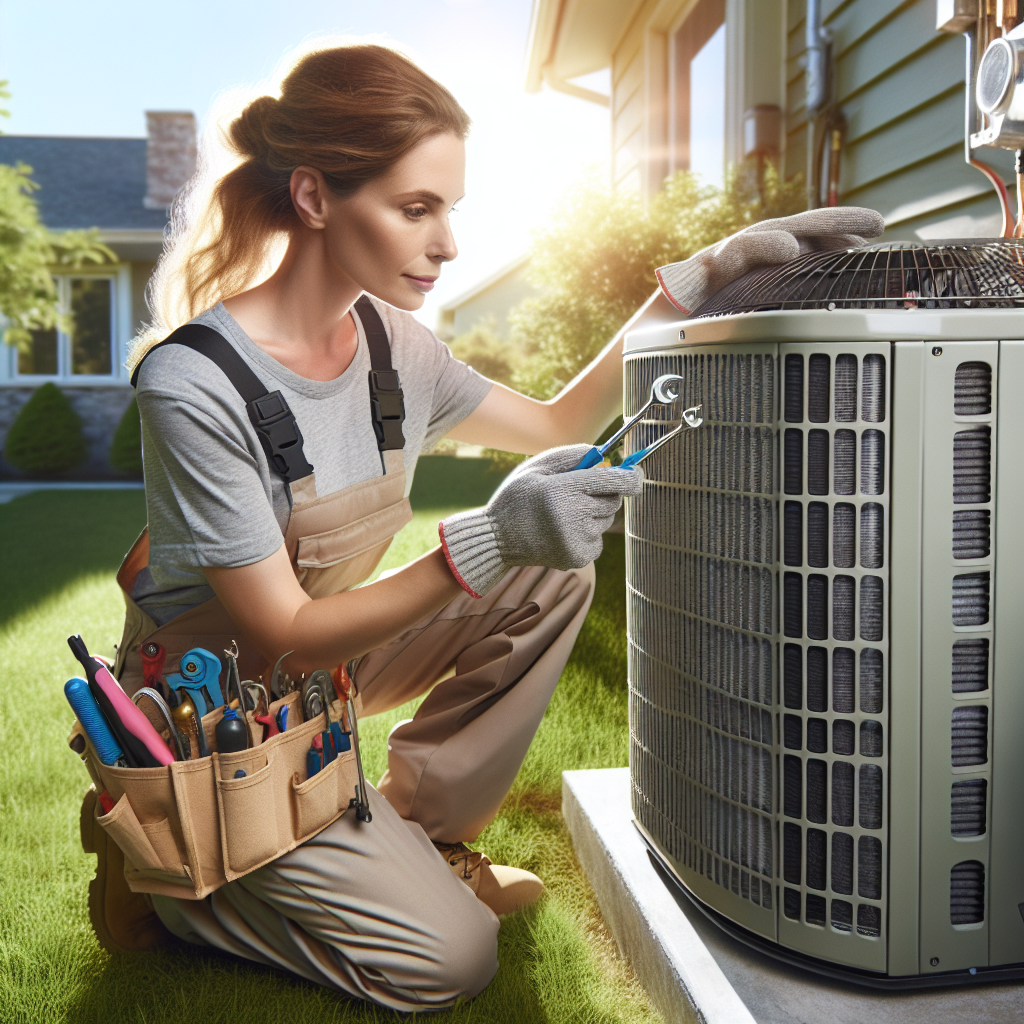 A realistic image of an HVAC technician maintaining a central air conditioning unit in a residential setting.