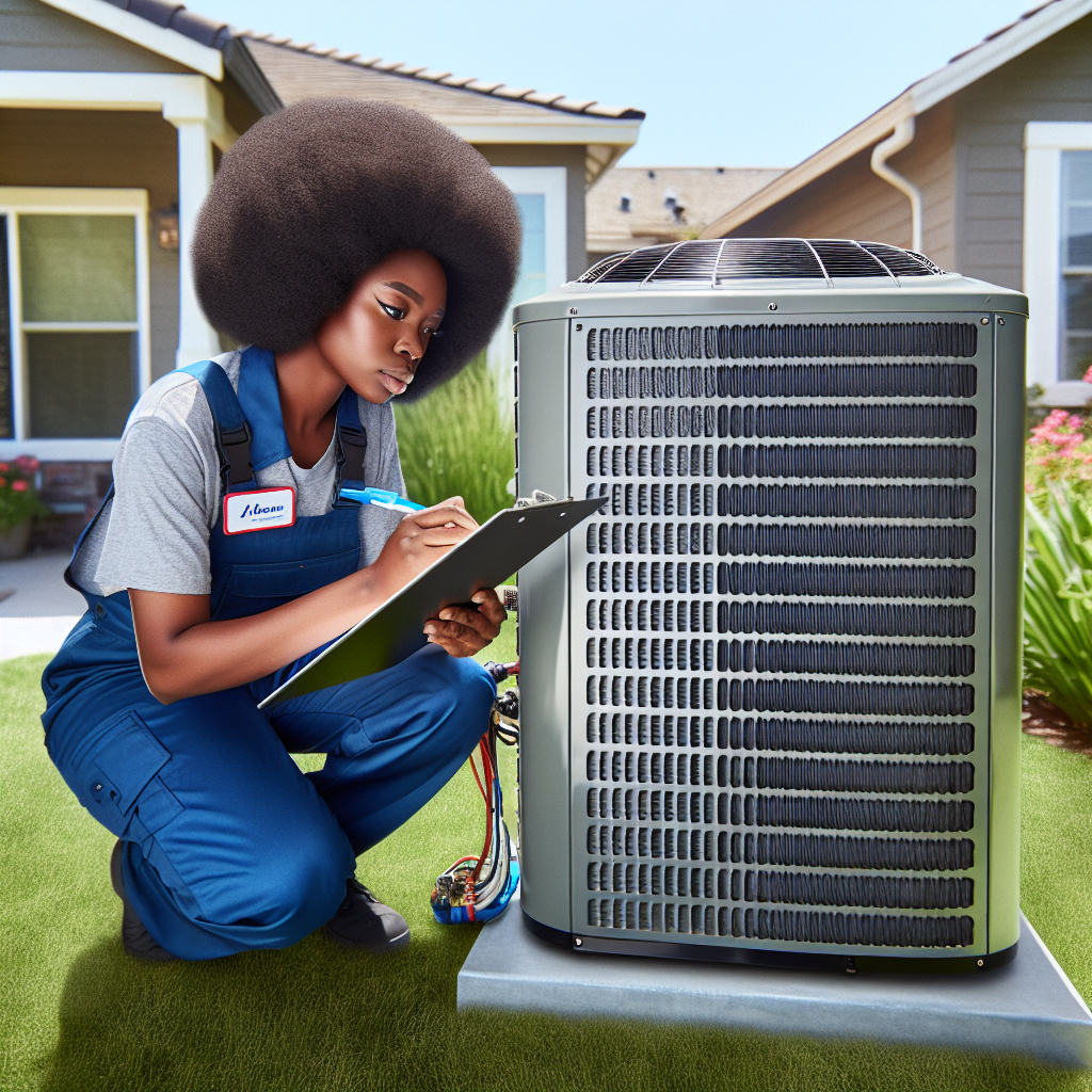 An HVAC technician inspecting a central air conditioning unit outside a residential home.