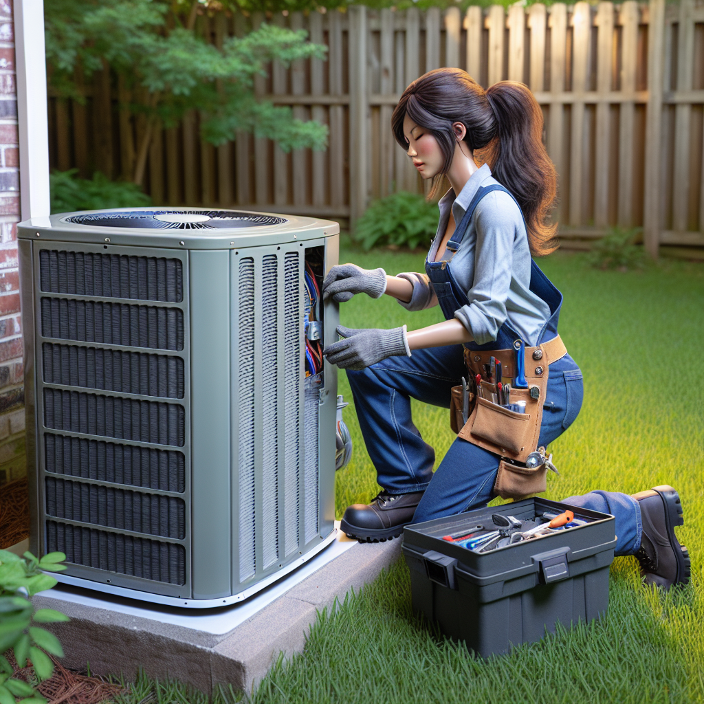 HVAC technician maintaining a central air conditioning unit in a residential backyard.