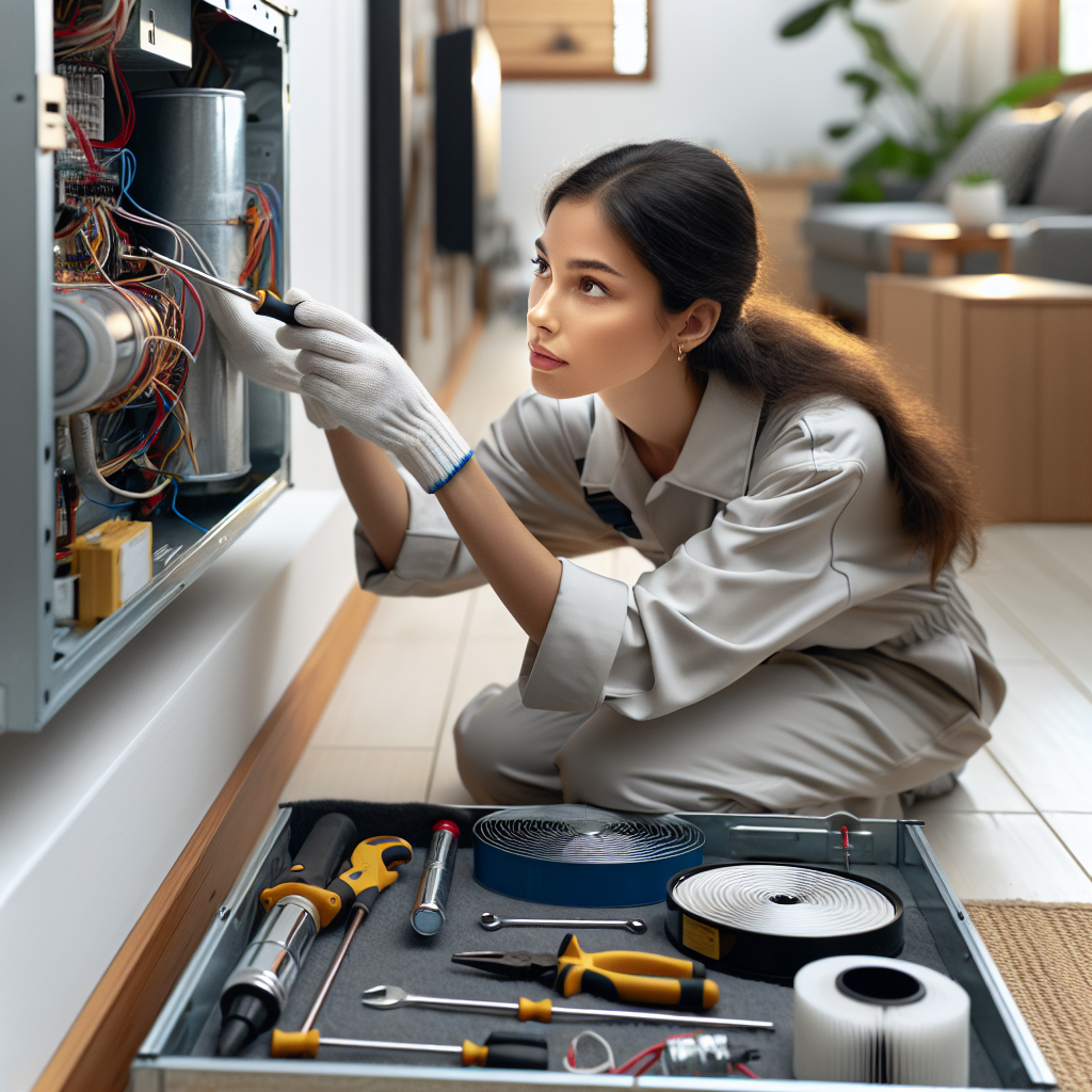 A realistic depiction of an HVAC technician performing maintenance on a residential HVAC system.