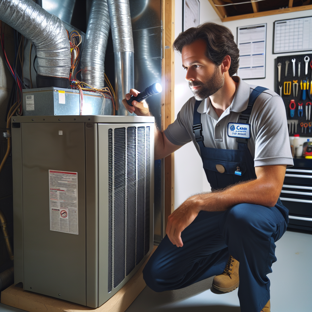 An HVAC technician inspecting a residential HVAC unit in a clean basement, focusing on maintenance and efficiency.