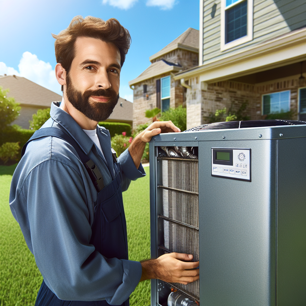 An HVAC technician in a blue uniform maintaining a residential HVAC unit in a well-kept yard.