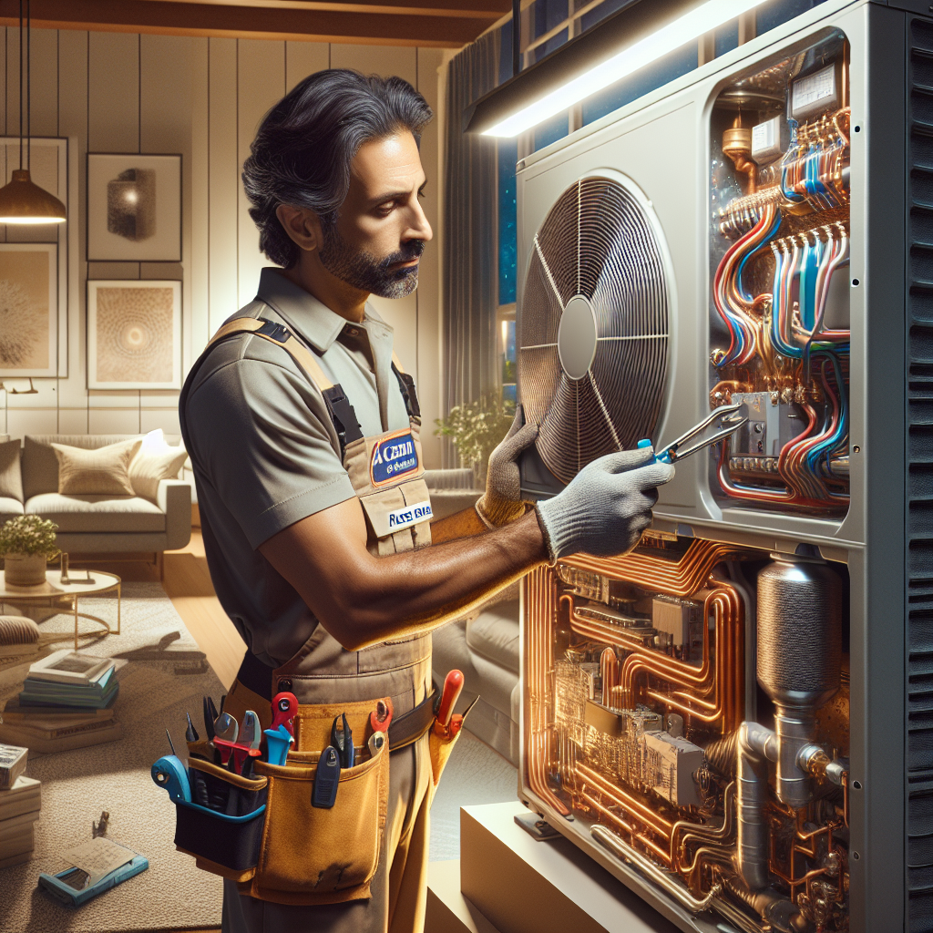 A technician performing maintenance on an HVAC unit in a home, showcasing various components and tools.