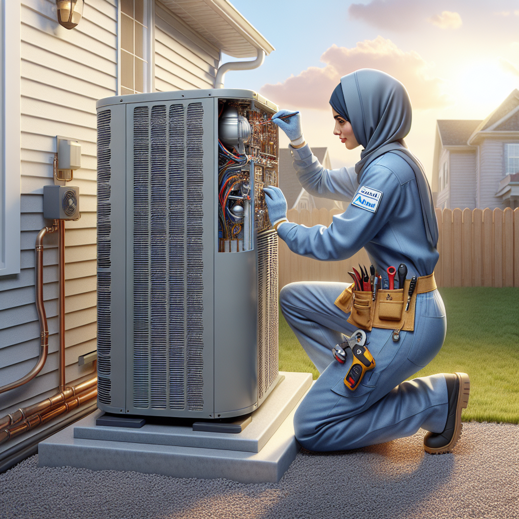 HVAC technician performing maintenance on a residential air conditioning unit.