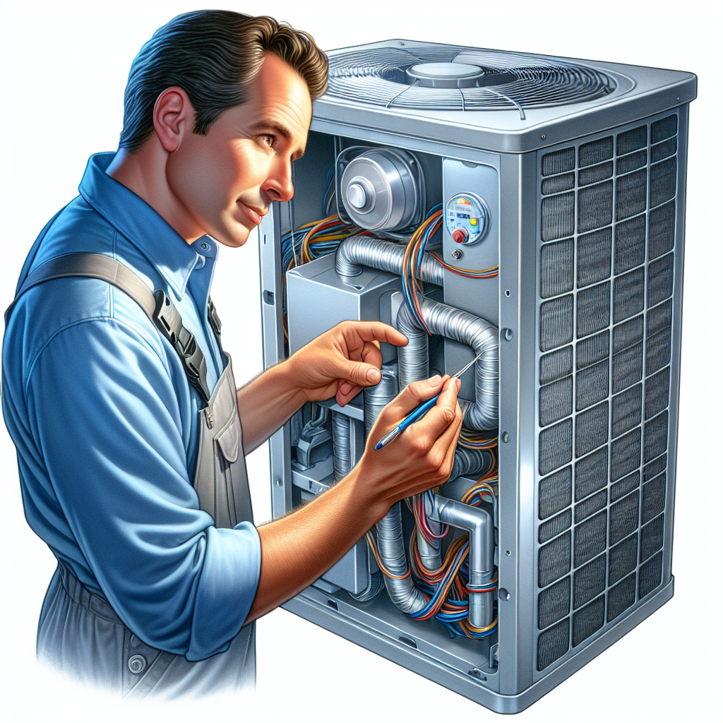 A technician performing maintenance on an HVAC unit, checking various components.