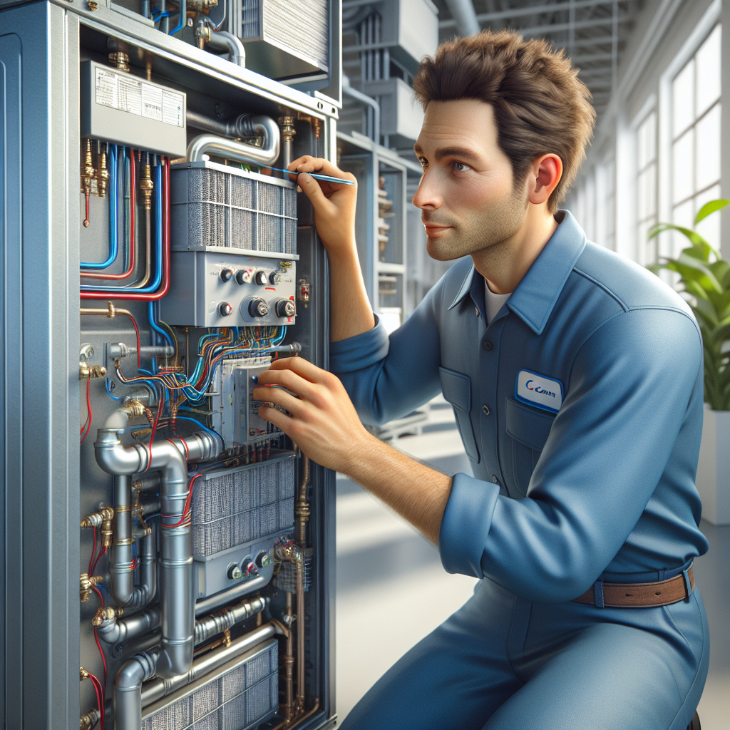 HVAC technician inspecting an HVAC system in a bright indoor environment.