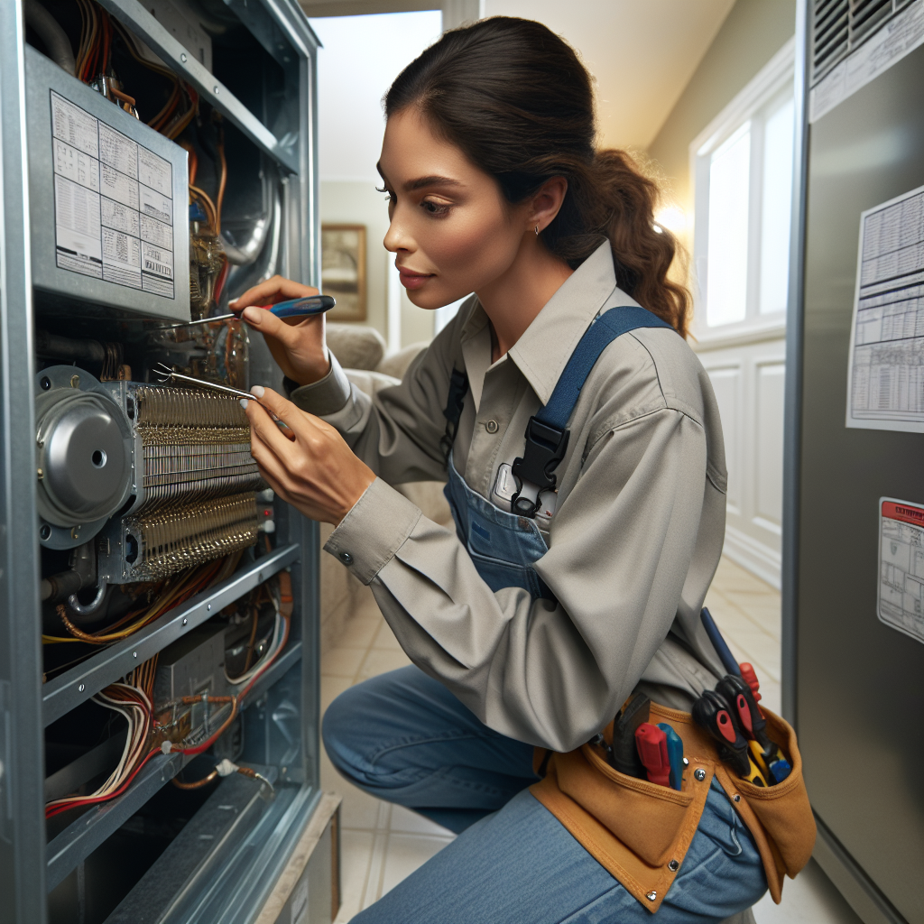 A realistic image of an HVAC technician performing maintenance on a home HVAC system.