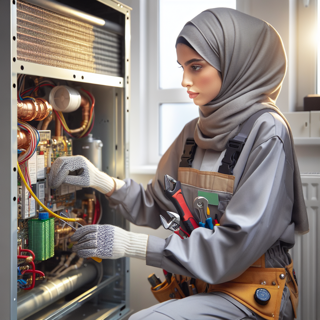 An HVAC technician performing maintenance on a home HVAC system in a residential utility room.