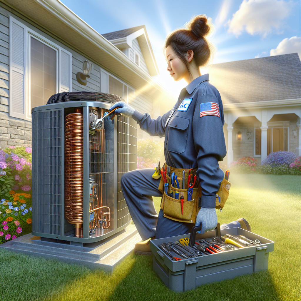 HVAC technician performing maintenance on a residential HVAC unit in a suburban setting.