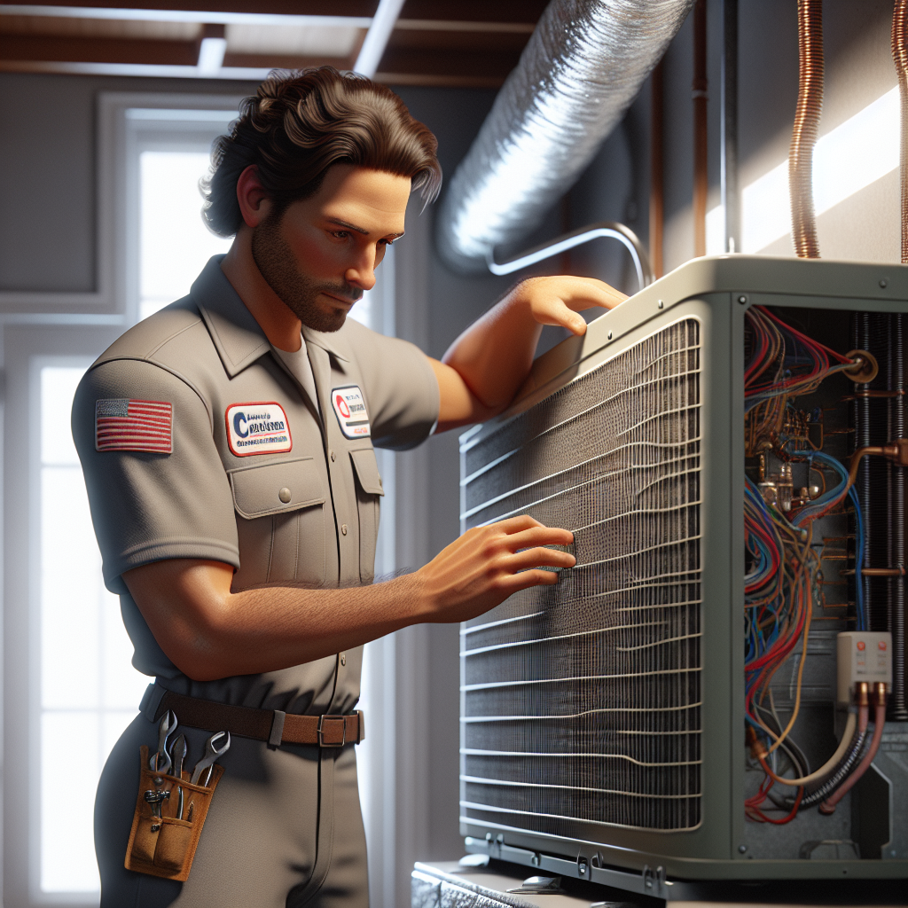 HVAC technician performing maintenance on an air conditioning unit in a basement, focusing on the unit's components.