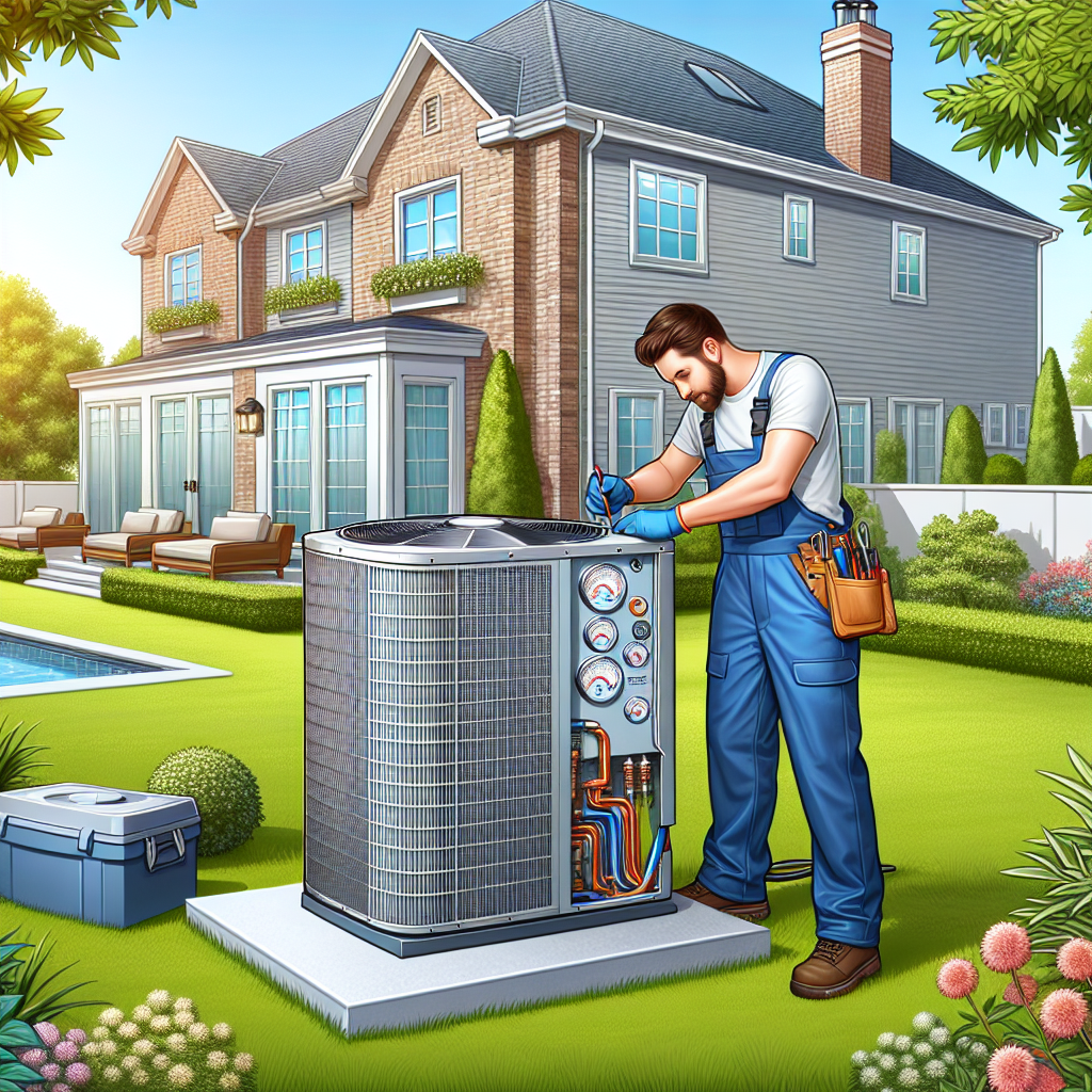 A realistic image of an HVAC technician performing maintenance on a residential HVAC unit in a well-kept backyard.