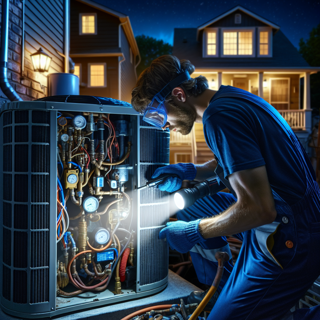 An HVAC technician working on an air conditioning unit at night during an emergency visit.