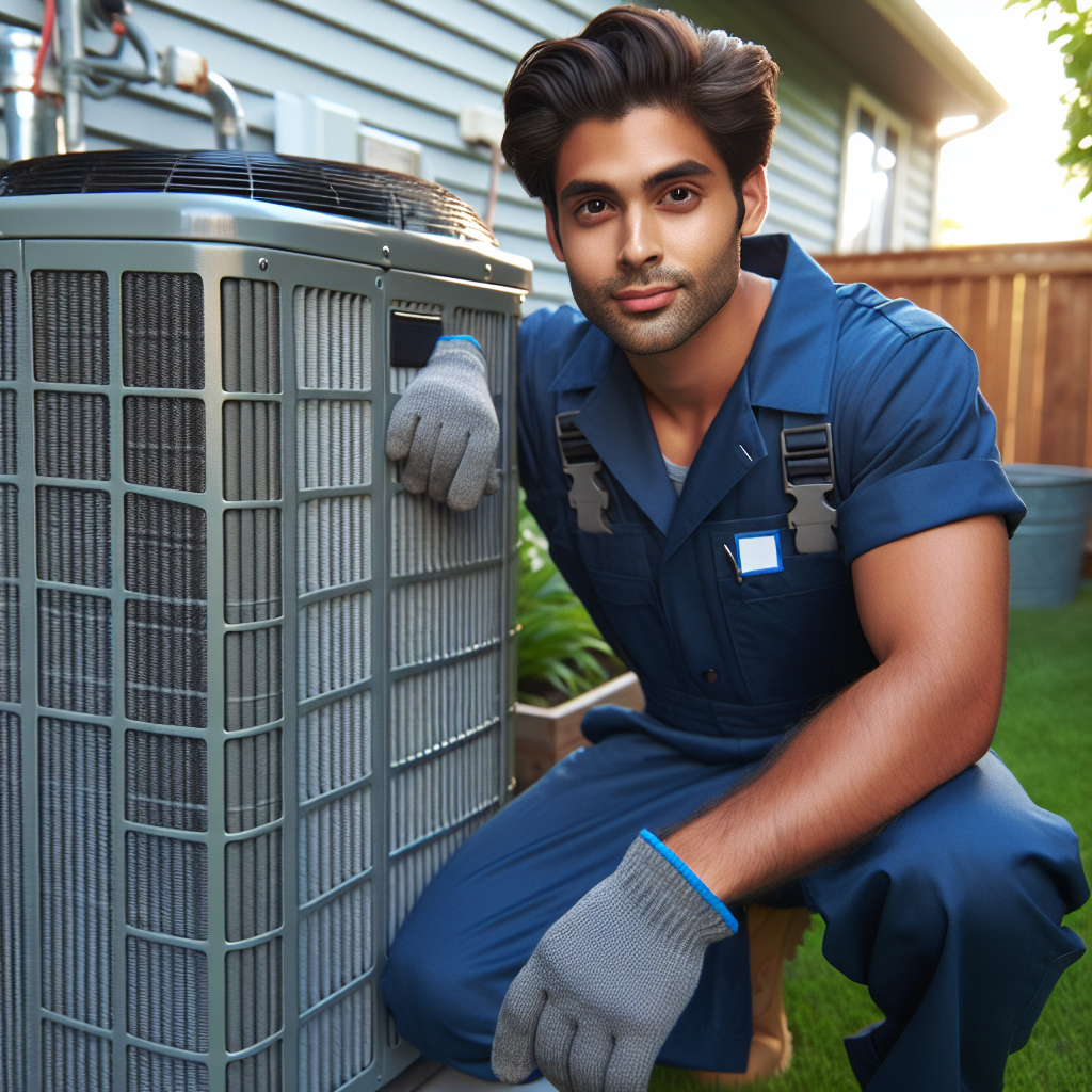 An HVAC technician working on an outdoor air conditioning unit in a suburban backyard.