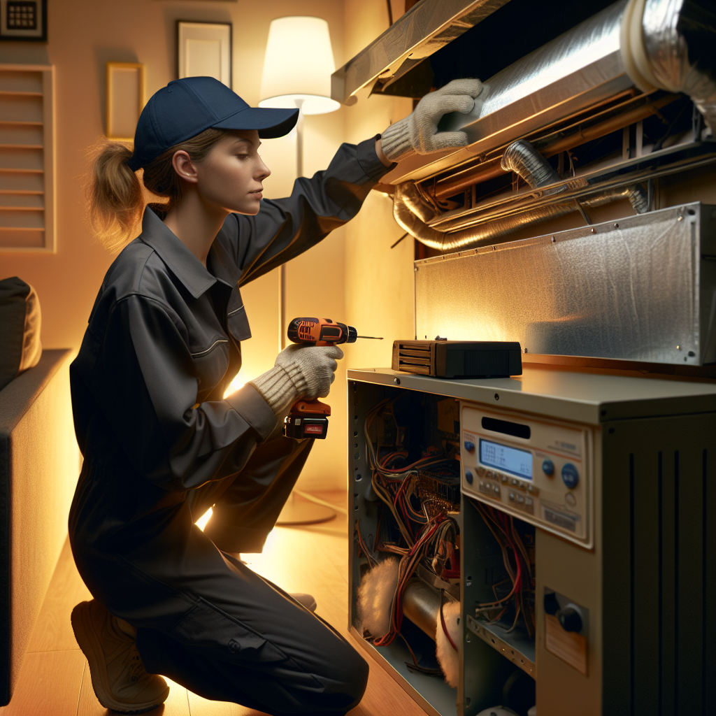 A professional HVAC technician in uniform servicing an HVAC system in a home during nighttime.