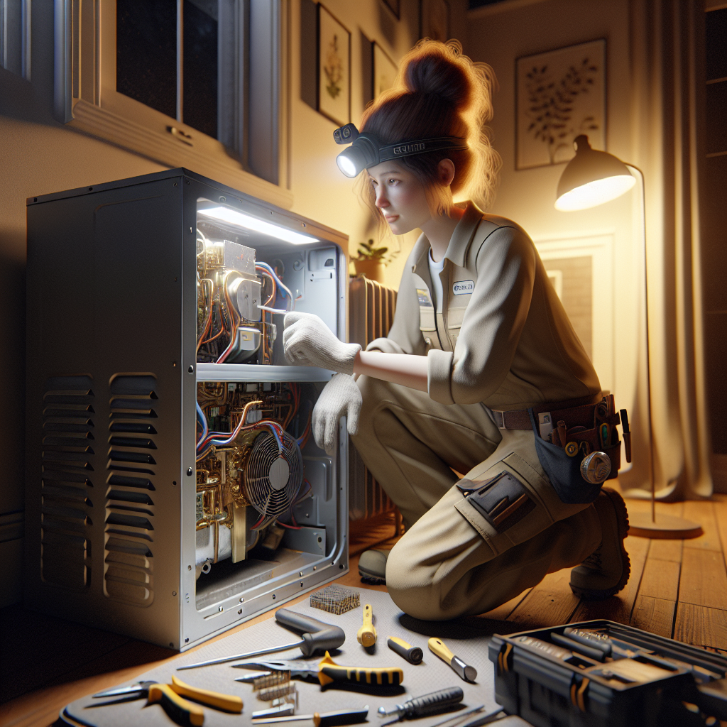 A realistic depiction of an HVAC technician repairing a broken HVAC system at night in a dimly lit home.