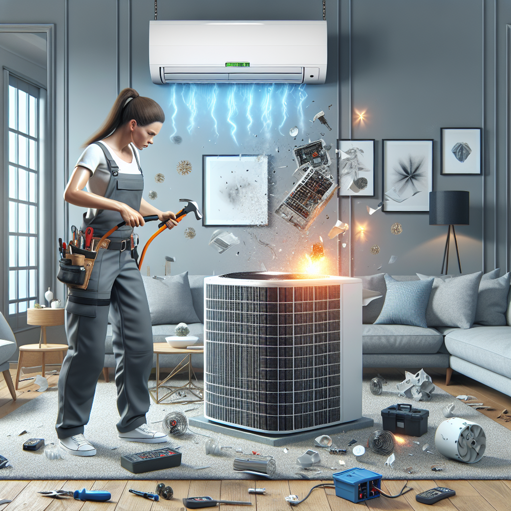 A technician repairing a broken air conditioning unit in a modern living room.