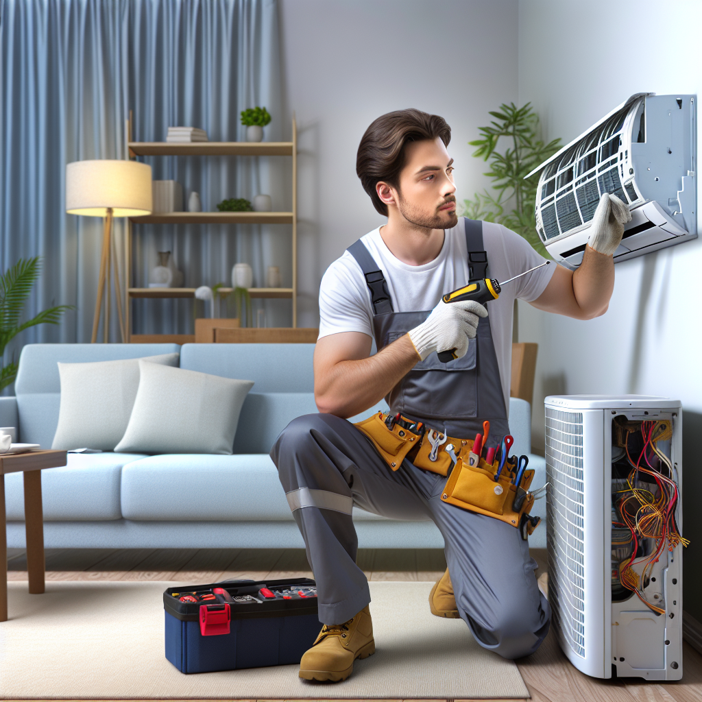 An air conditioning technician repairing a broken wall-mounted AC unit in a well-lit living room.