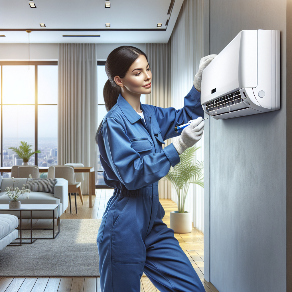 Technician repairing an air conditioning unit in a modern living room.