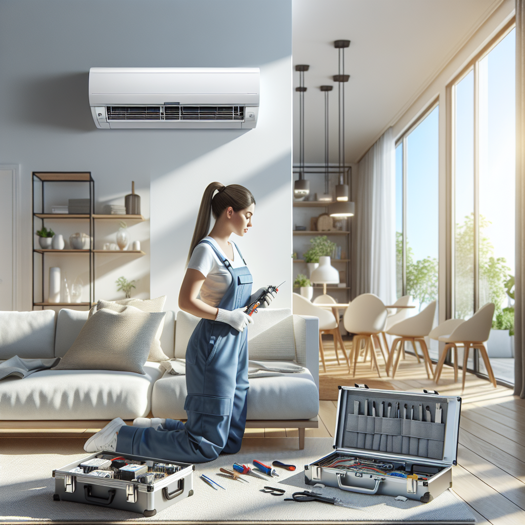 A technician repairing an air conditioning unit in a modern living room.