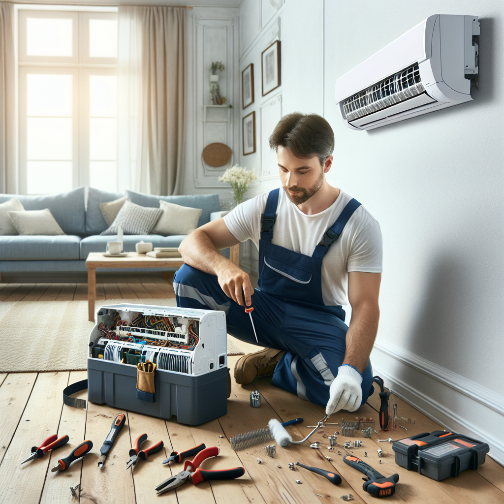 Technician repairing a home air conditioning unit.