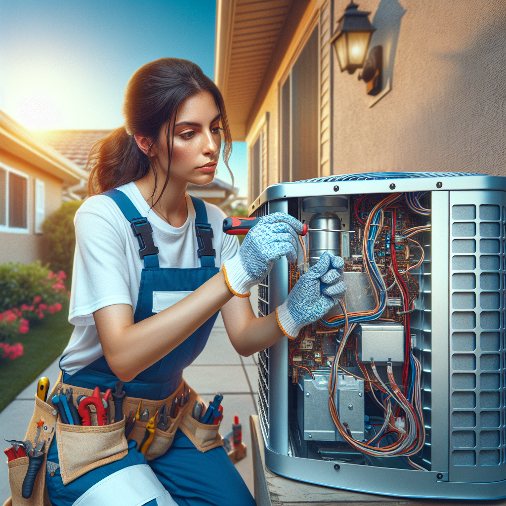 Technician repairing an outdoor air conditioning unit on a sunny day.